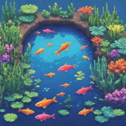 A vibrant pixel art style pond featuring fish and plants designed to appeal to a young and creative audience