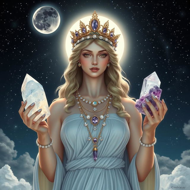 Diana, the goddess of the half moon, gracefully holds Clear Quartz and Selenite crystals in her hands