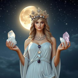 Diana, the goddess of the half moon, gracefully holds Clear Quartz and Selenite crystals in her hands