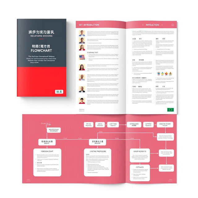 A structured booklet and flowchart design for the International Relations Division, featuring professional and academic elements