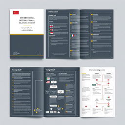 A structured booklet and flowchart design for the International Relations Division, featuring professional and academic elements