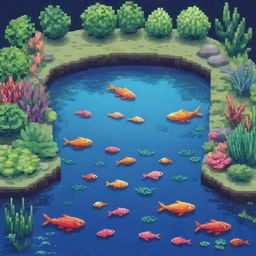 A vibrant pixel art style pond featuring fish and plants designed to appeal to a young and creative audience