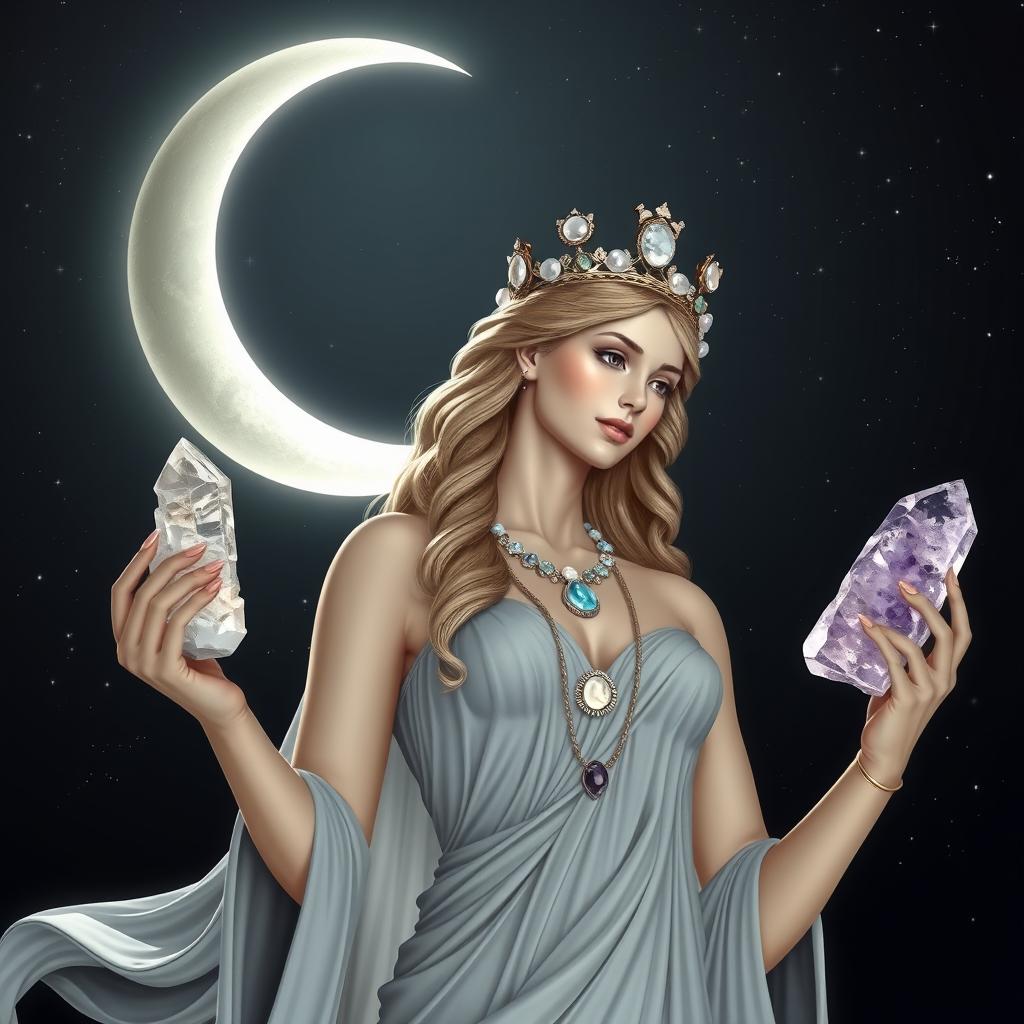 Diana, the goddess of the half-moon, gracefully holds Clear Quartz and Selenite crystals in her hands