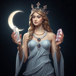 Diana, the goddess of the half-moon, gracefully holds Clear Quartz and Selenite crystals in her hands