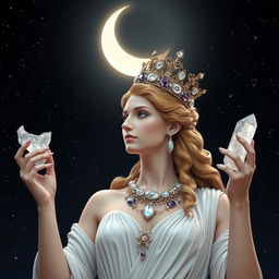 Diana, the goddess of the half-moon, gracefully holds Clear Quartz and Selenite crystals in her hands