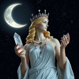 Diana, the goddess of the half moon, gracefully holds Clear Quartz and Selenite crystals in her hands