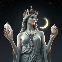 Diana, the goddess of the half moon, gracefully holds Clear Quartz and Selenite crystals in her hands