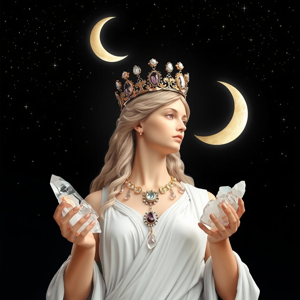 Diana, the goddess of the half moon, gracefully holds Clear Quartz and Selenite crystals in her hands