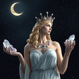 Diana, the goddess of the half moon, gracefully holds Clear Quartz and Selenite crystals in her hands