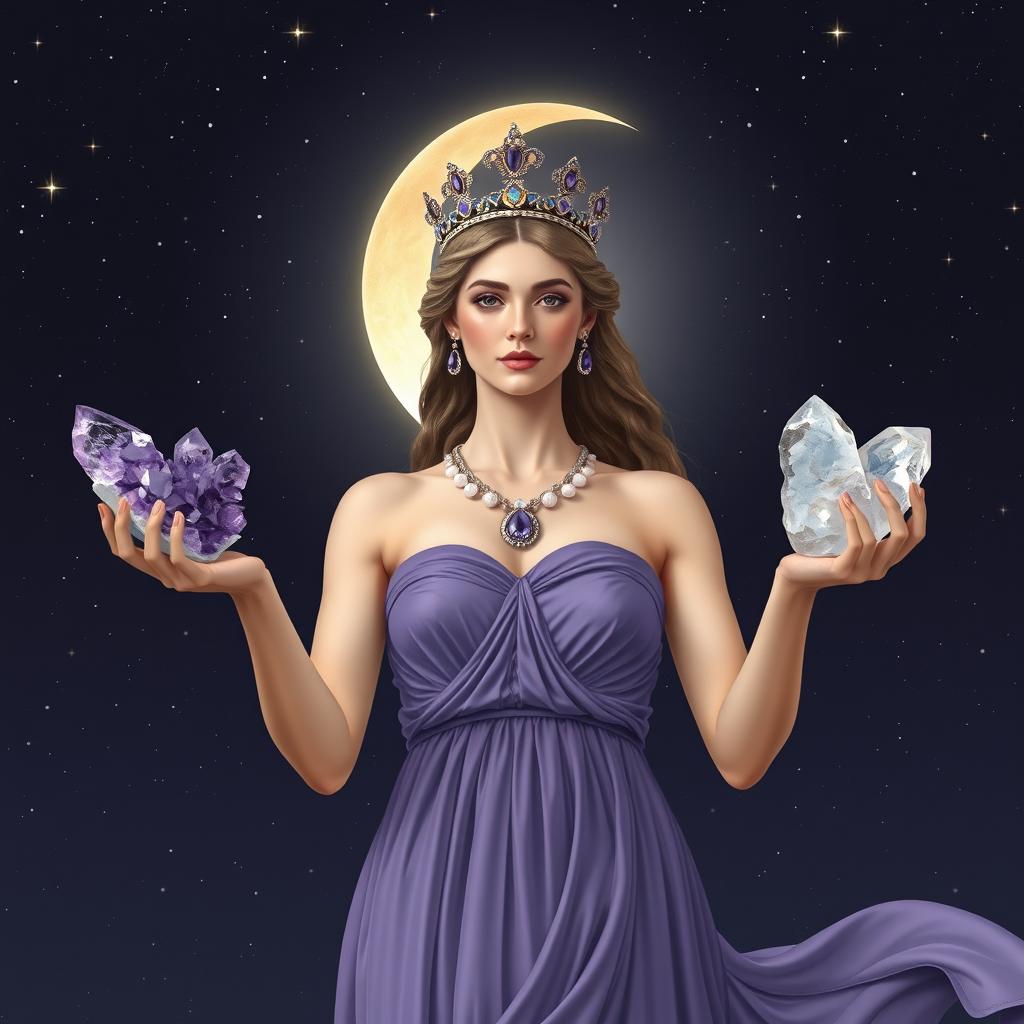 Diana, the goddess of the half moon, holds Clear Quartz and Selenite crystals in her hands with elegance