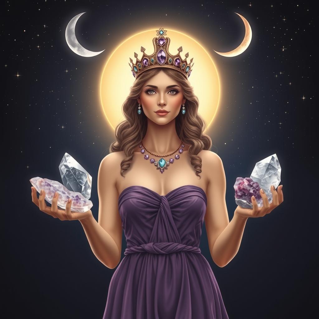 Diana, the goddess of the half moon, holds Clear Quartz and Selenite crystals in her hands with elegance