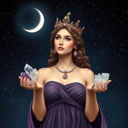 Diana, the goddess of the half moon, holds Clear Quartz and Selenite crystals in her hands with elegance