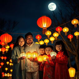 A vibrant mid-autumn festival scene featuring a real-life family gathered together in celebration