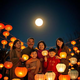 A vibrant mid-autumn festival scene featuring a real-life family gathered together in celebration