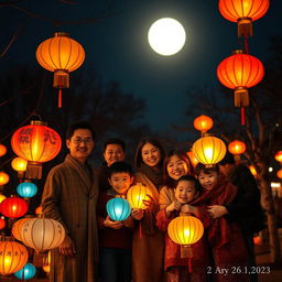 A vibrant mid-autumn festival scene featuring a real-life family gathered together in celebration