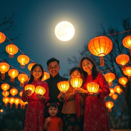 A vibrant mid-autumn festival scene featuring a real-life family gathered together in celebration