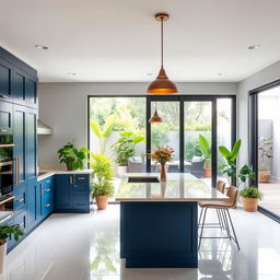 A modern kitchen featuring a sliding glass door that opens to a tranquil outdoor setting