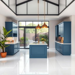 A modern kitchen featuring a sliding glass door that opens to a tranquil outdoor setting