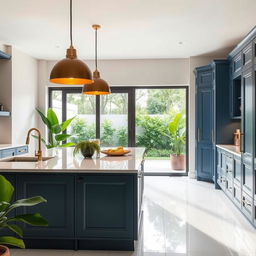 A modern kitchen featuring a sliding glass door that opens to a tranquil outdoor setting