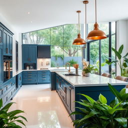 A modern kitchen featuring a sliding glass door that opens to a tranquil outdoor setting