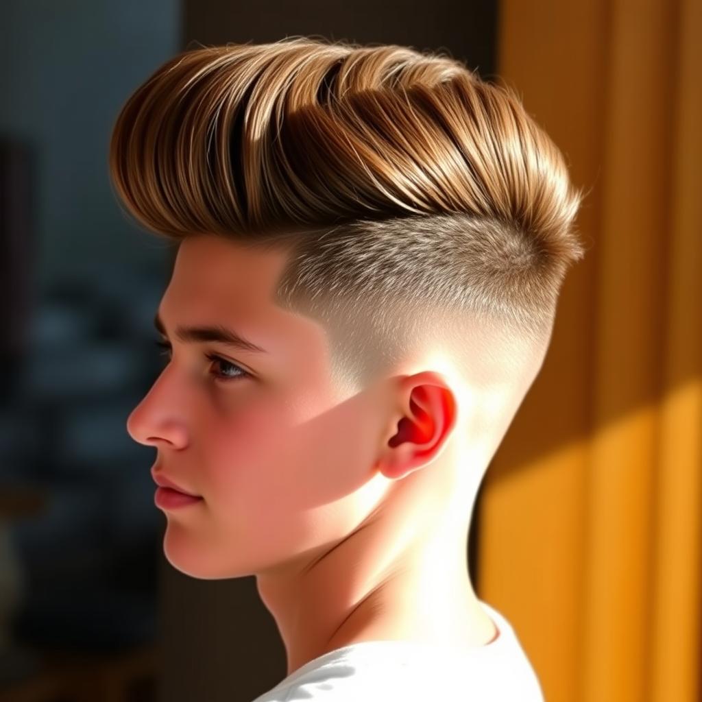 A side view portrait of an 18-year-old man featuring an impressive, voluminous thick brown pompadour hairstyle