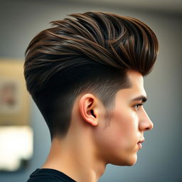 A side view portrait of an 18-year-old man featuring an impressive, voluminous thick brown pompadour hairstyle