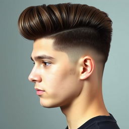 A side view portrait of an 18-year-old man featuring an impressive, voluminous thick brown pompadour hairstyle