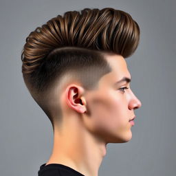 A side view portrait of an 18-year-old man featuring an impressive, voluminous thick brown pompadour hairstyle