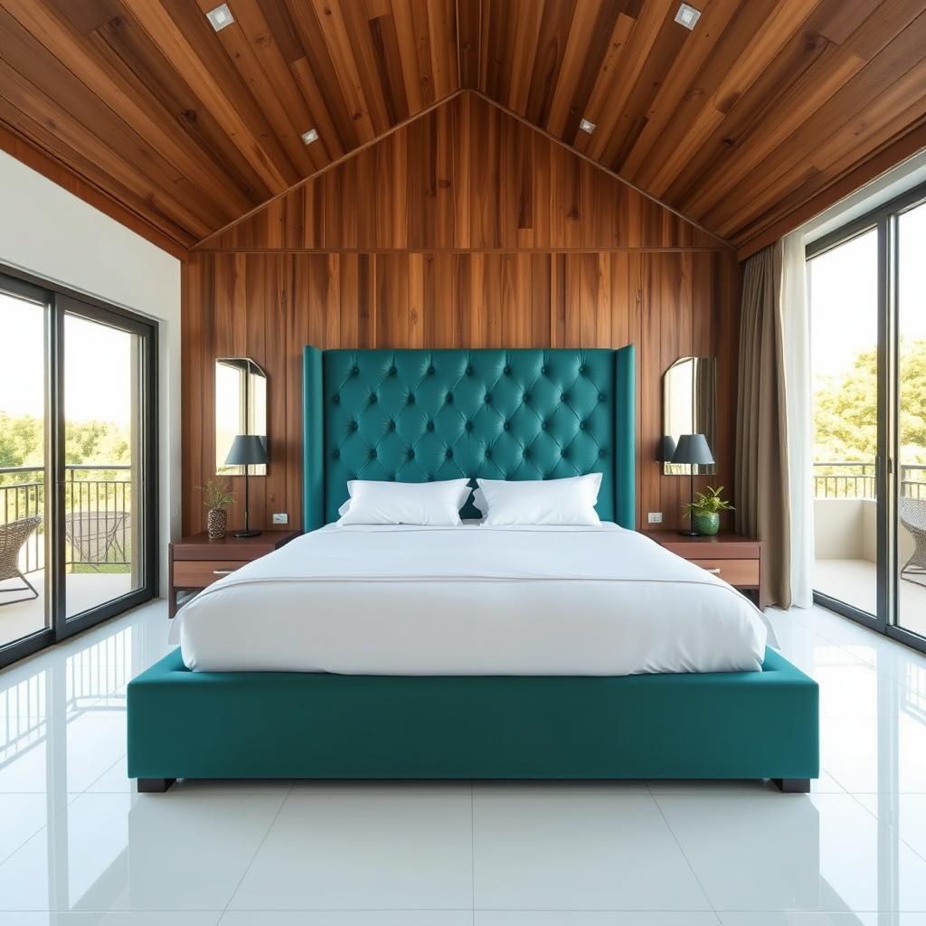 A bedroom featuring a wooden ceiling and white porcelain flooring, with a large sliding glass door for a balcony view