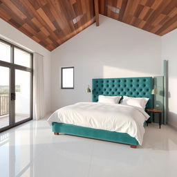 A bedroom featuring a wooden ceiling and white porcelain flooring, with a large sliding glass door for a balcony view