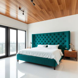 A bedroom featuring a wooden ceiling and white porcelain flooring, with a large sliding glass door for a balcony view