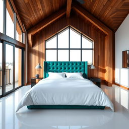 A bedroom featuring a wooden ceiling and white porcelain flooring, with a large sliding glass door for a balcony view