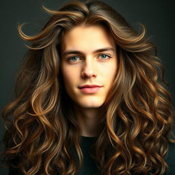 A portrait of a 19-year-old man with incredibly thick, long brown hair