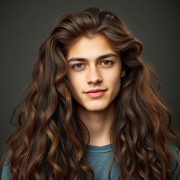 A portrait of a 19-year-old man with incredibly thick, long brown hair