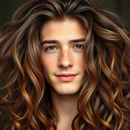 A portrait of a 19-year-old man with incredibly thick, long brown hair