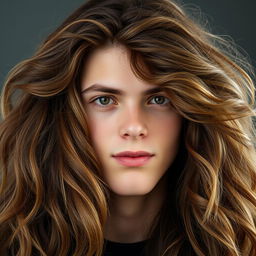 A portrait of a 19-year-old man with incredibly thick, long brown hair