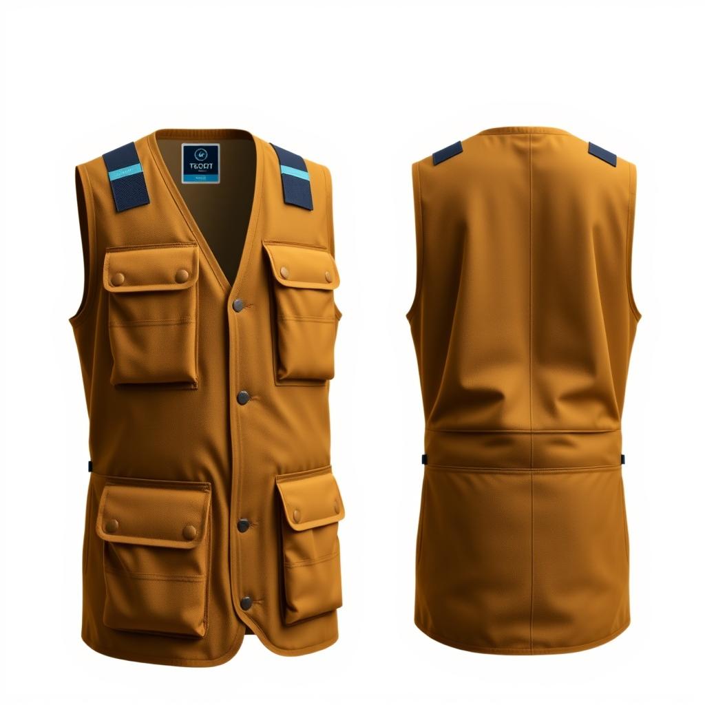 A stylish and functional field vest for internet technicians, featuring a sophisticated dark gold color with subtle light brown accents and contrasting light blue elements