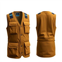 A stylish and functional field vest for internet technicians, featuring a sophisticated dark gold color with subtle light brown accents and contrasting light blue elements