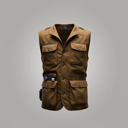 A stylish and functional field vest for internet technicians, featuring a sophisticated dark gold color with subtle light brown accents and contrasting light blue elements