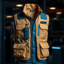 A stylish and functional field vest for internet technicians, featuring a sophisticated dark gold color with subtle light brown accents and contrasting light blue elements