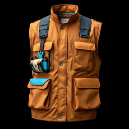 A stylish and functional field vest for internet technicians, featuring a sophisticated dark gold color with subtle light brown accents and contrasting light blue elements