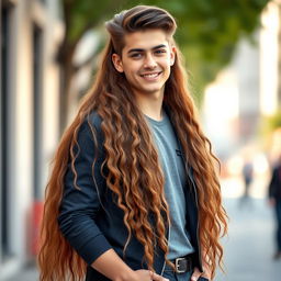 Full body portrait of a 19-year-old man with very thick, long, voluminous brown hair cascading down his back