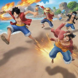 Vibrant and action-packed scenes from the game 'One Piece: Bounty Rush', showing characters engaging in combat and navigating through detailed landscapes.