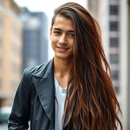 Full body portrait of a 19-year-old man with very thick, long, voluminous brown hair cascading down his back