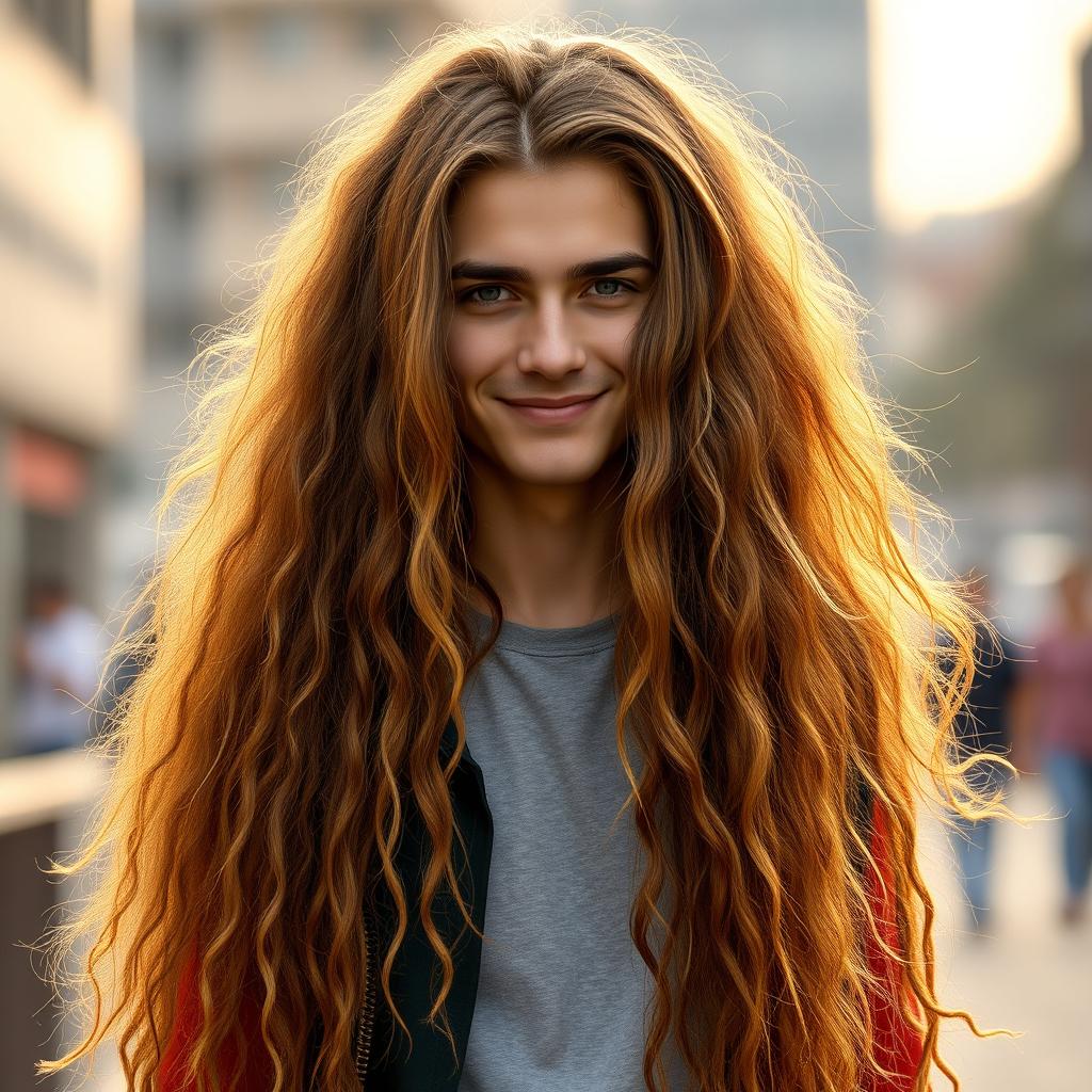 Full body portrait of a 19-year-old man with very thick, long, voluminous brown hair cascading down his back