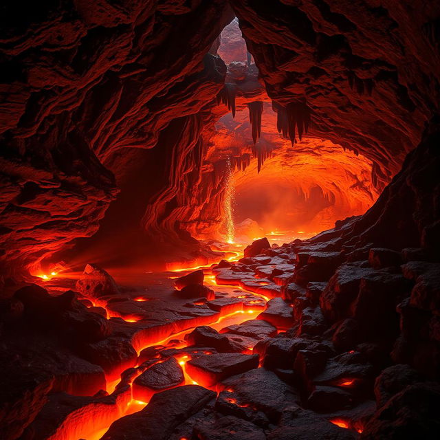 A mesmerizing view of a lavahöhle (lava cave), featuring glowing molten lava flowing along the uneven rocky floor, bathing the cavern in a warm orange and red luminescence