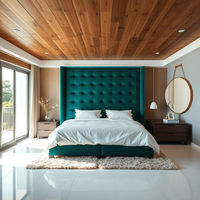 A bedroom featuring a wooden ceiling and white porcelain flooring, with a large sliding glass door for a balcony view