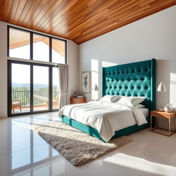 A bedroom featuring a wooden ceiling and white porcelain flooring, with a large sliding glass door for a balcony view