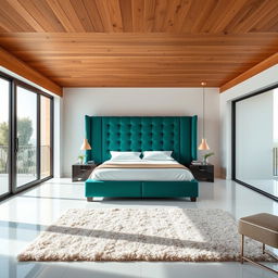 A bedroom featuring a wooden ceiling and white porcelain flooring, with a large sliding glass door for a balcony view