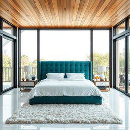 A bedroom featuring a wooden ceiling and white porcelain flooring, with a large sliding glass door for a balcony view